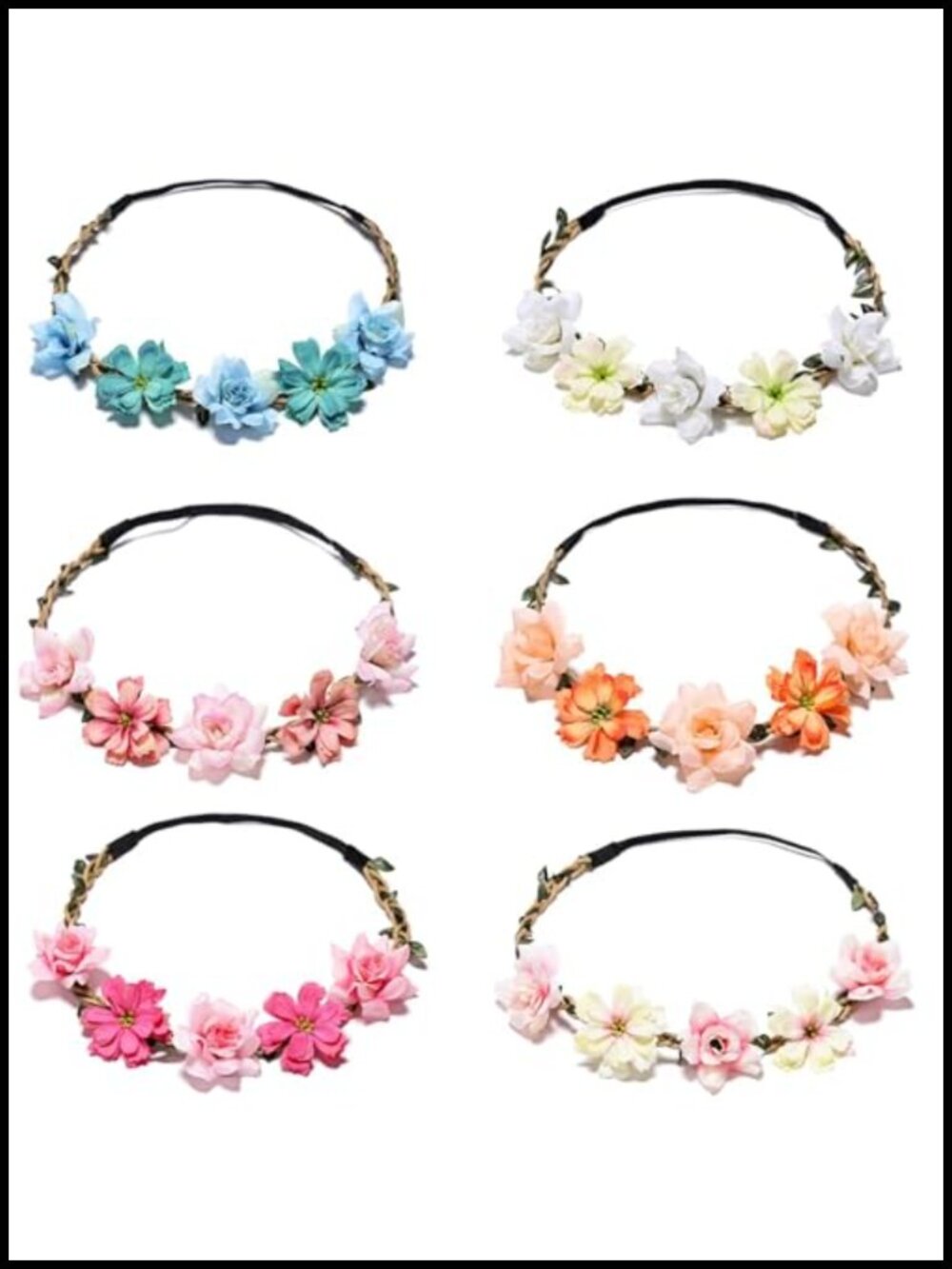 Boho Floral Crown Headbands, 6 Pack Silk Flowers, Adjustable Wedding & Festival